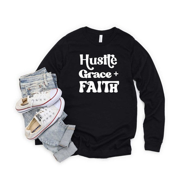 Hustle Grace Faith Long Sleeve Graphic Tee for Women - Inspirational T-Shirt