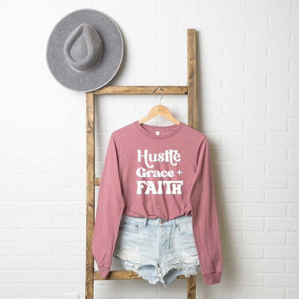 Hustle Grace Faith Long Sleeve Graphic Tee for Women - Inspirational T-Shirt