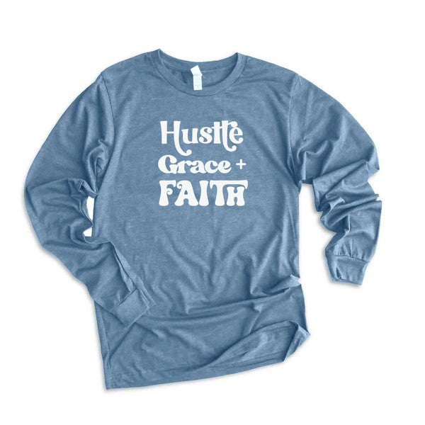 Hustle Grace Faith Long Sleeve Graphic Tee for Women - Inspirational T-Shirt