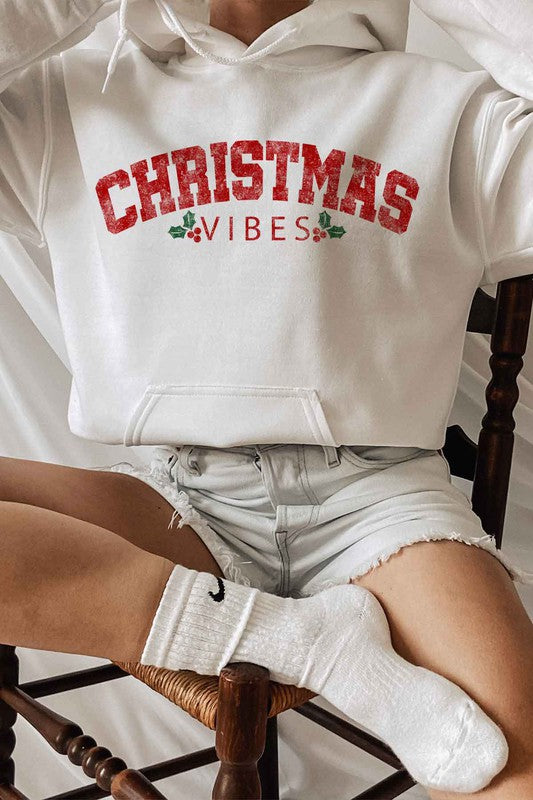 Plus Size Christmas Vibes Graphic Hoodie - Holiday Themed Sweatshirt for Women