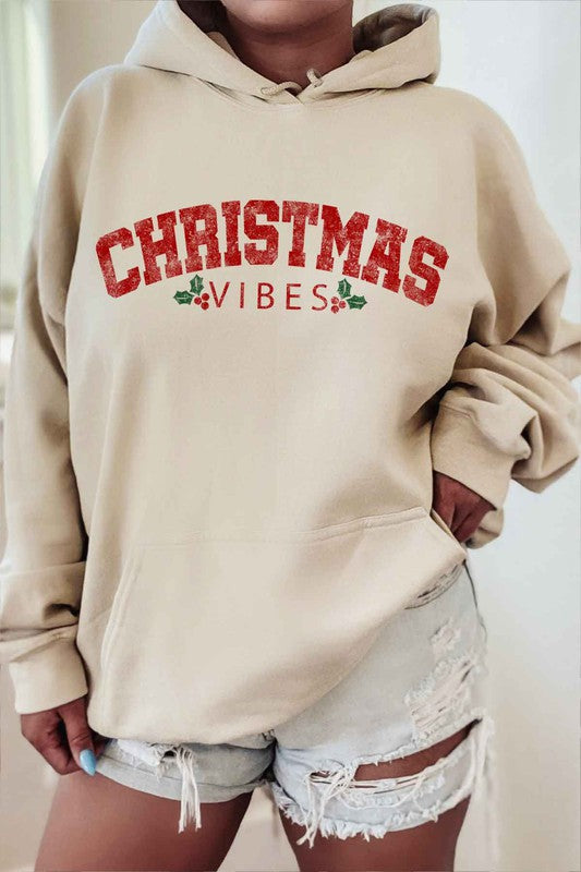 Plus Size Christmas Vibes Graphic Hoodie - Holiday Themed Sweatshirt for Women