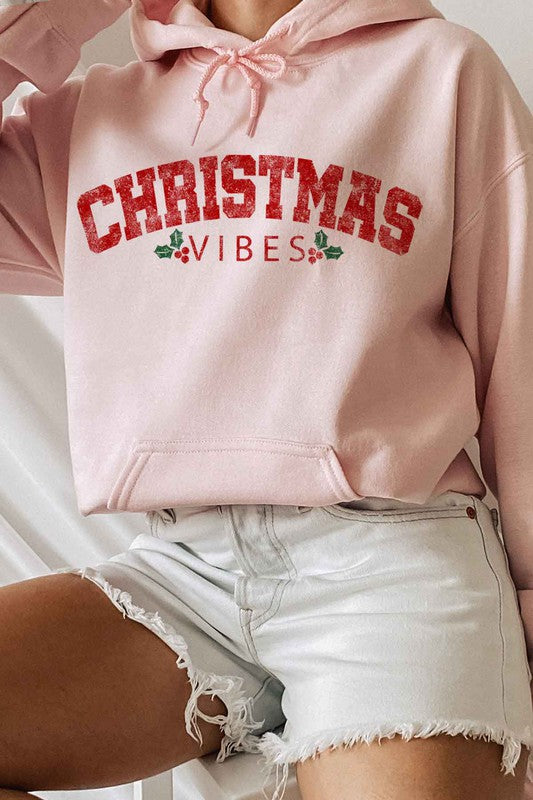 Plus Size Christmas Vibes Graphic Hoodie - Holiday Themed Sweatshirt for Women