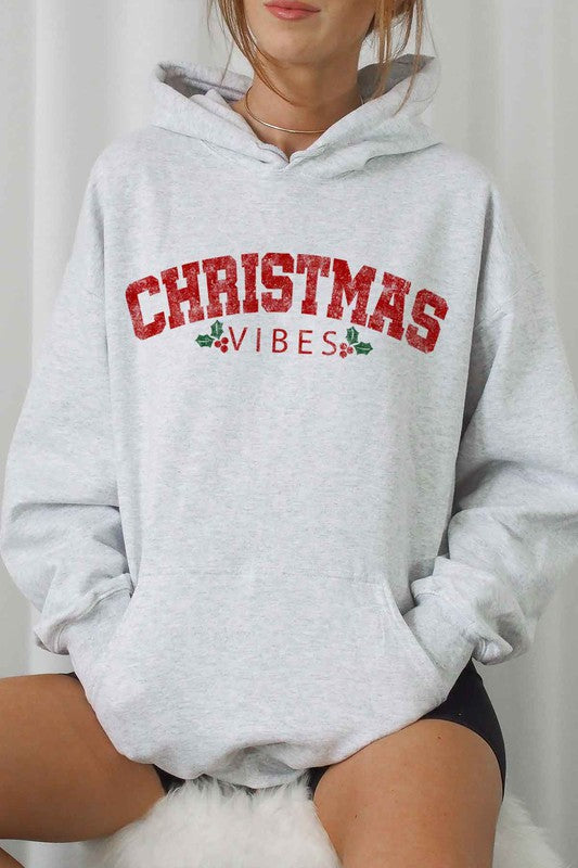 Plus Size Christmas Vibes Graphic Hoodie - Holiday Themed Sweatshirt for Women