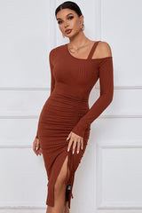 One Shoulder Sexy Fashion Dress with Long Sleeves and Side Cut-Off