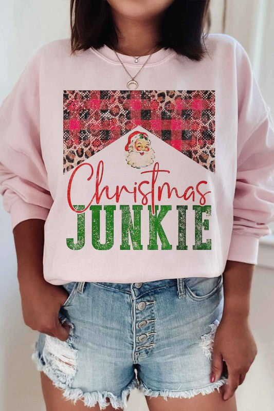 Christmas Junkie Graphic Plus Size Sweatshirt for Holiday Comfort