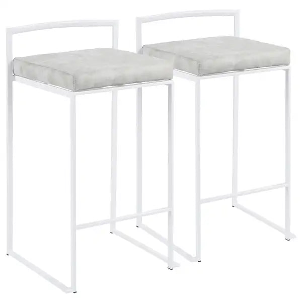 LumiSource Fuji White Counter Stools - Set of 2, Stackable, Grey Fabric