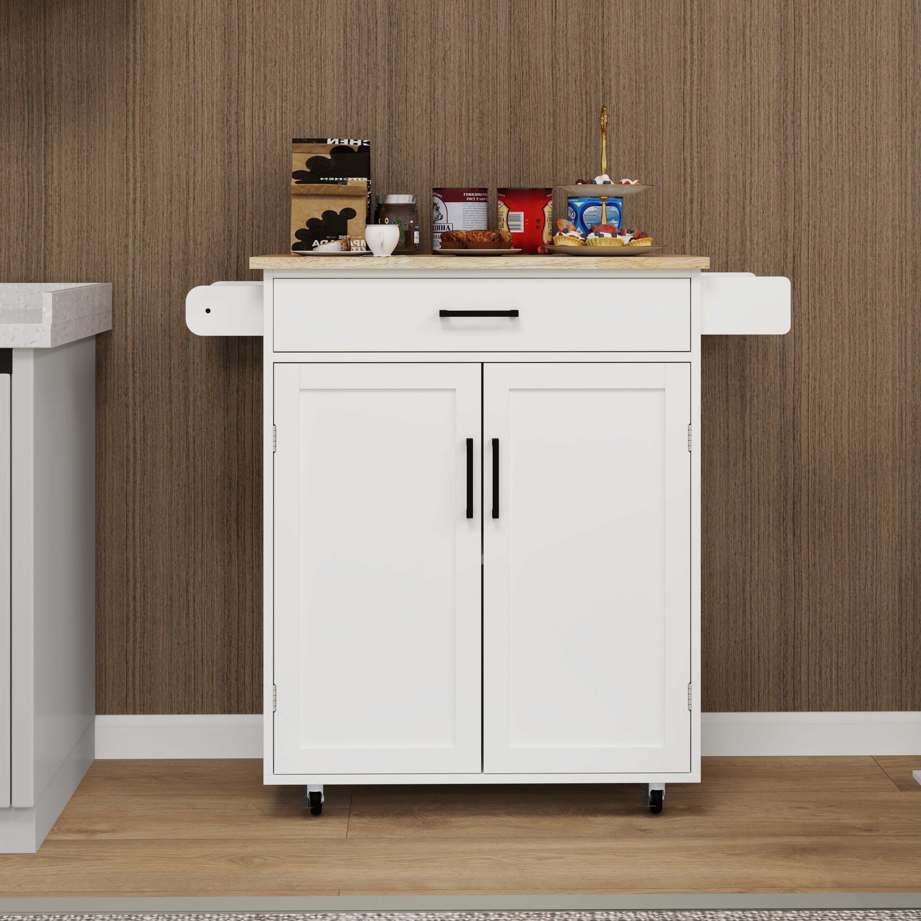 Rolling Kitchen Island Cart with Storage, Drawer, Shelves, Towel Rack - White