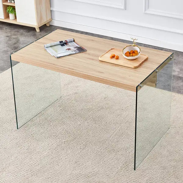 Tempered Glass Coffee Table with MDF Top & Wooden Stickers, Simple & Elegant Design, Sturdy Structure