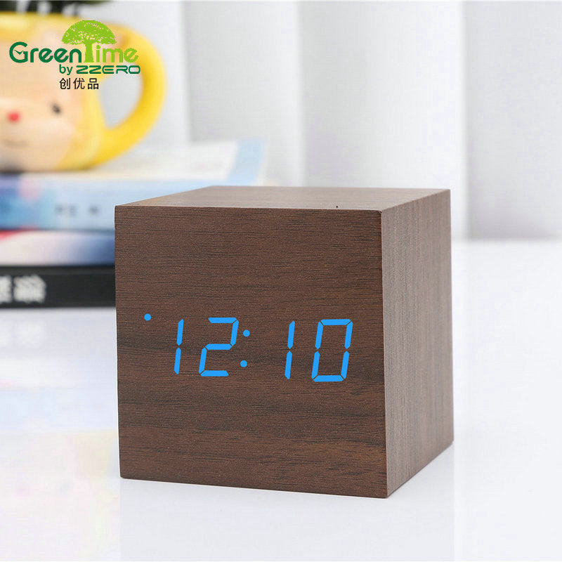 Minimalist Cube shaped sound-sensitive wooden digital clock with temperature display