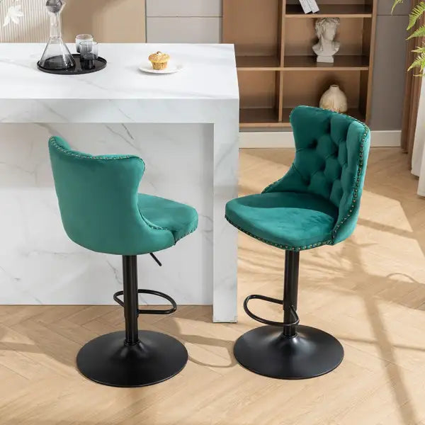 Green Velvet Bar Stools with Backs - Adjustable Height, Tufted, Set of 2 for Kitchen Island & Pub - SW1812GN - Minihomy