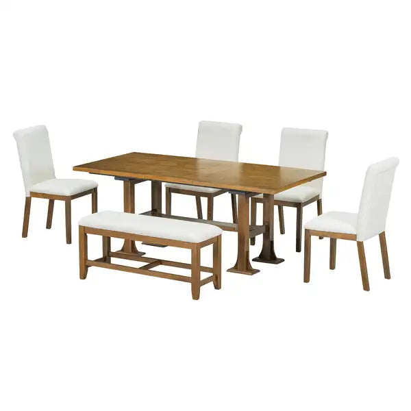 Farmhouse 76" Extendable Dining Table Set with Chairs & Bench - Dark Brown - Minihomy