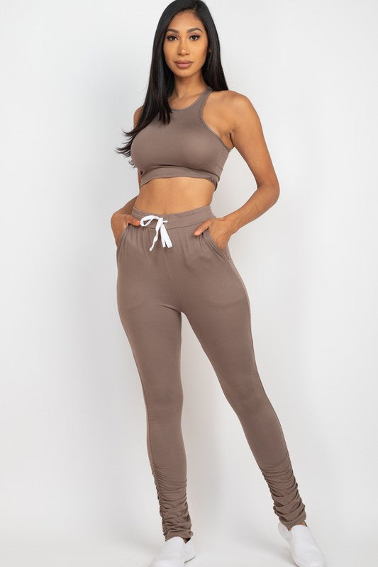 Women's Crop Top & Ruched Drawstring Pants Set - Casual Summer Outfit