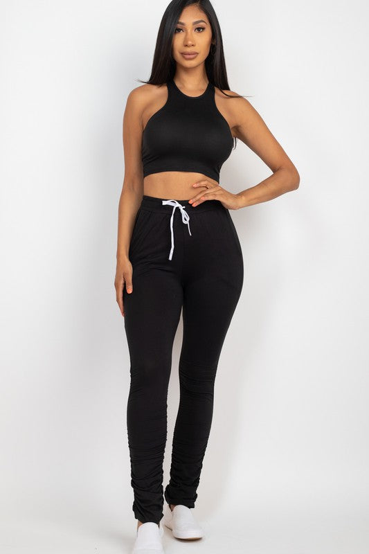 Women's Crop Top & Ruched Drawstring Pants Set - Casual Summer Outfit