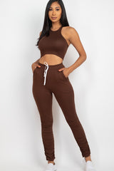 Women's Crop Top & Ruched Drawstring Pants Set - Casual Summer Outfit