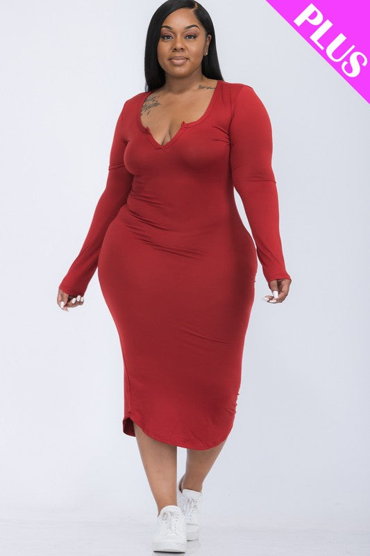 Plus Size Split Neck Long Sleeve Midi Dress - Minihomy