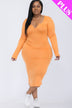 Plus Size Split Neck Long Sleeve Midi Dress - Minihomy