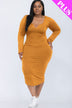 Plus Size Split Neck Long Sleeve Midi Dress - Minihomy