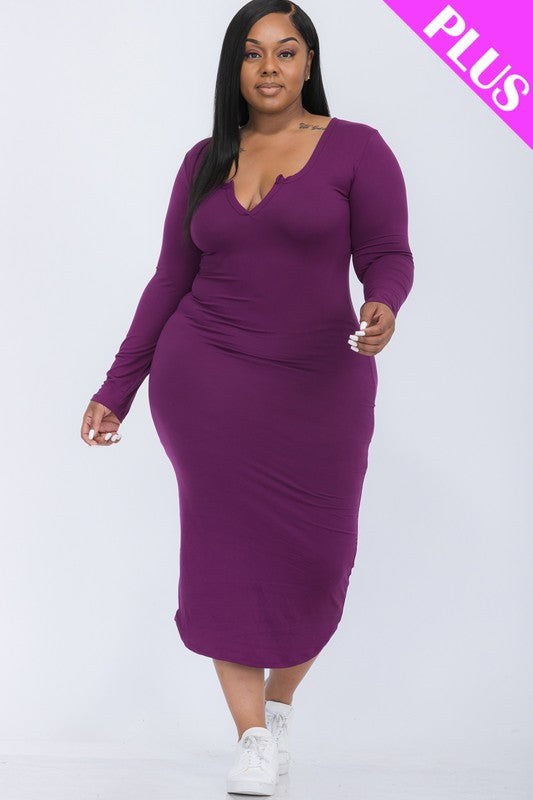 Plus Size Split Neck Long Sleeve Midi Dress