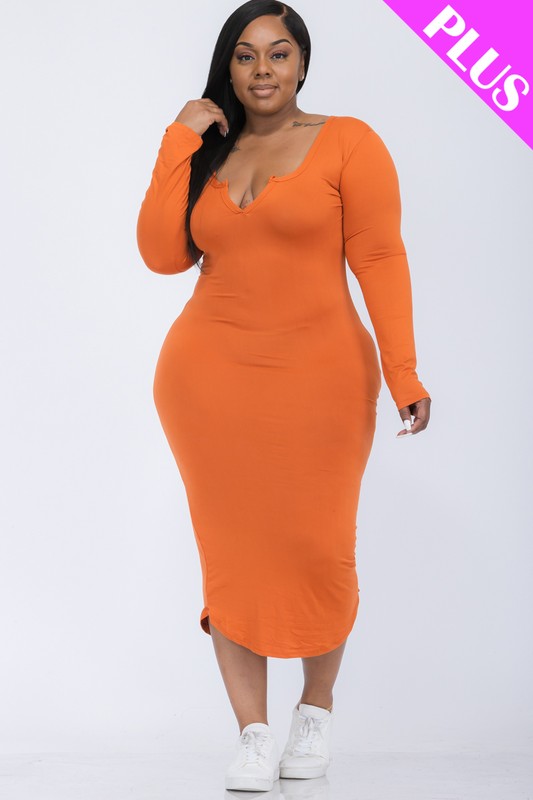 Plus Size Split Neck Long Sleeve Midi Dress - Minihomy