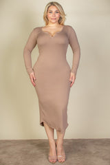 Plus Size Split Neck Long Sleeve Midi Dress - Minihomy