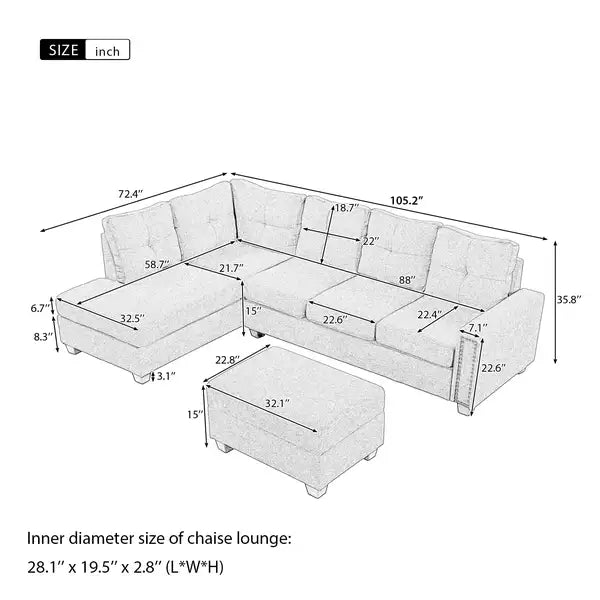 Reversible Sectional Sofa with Storage Ottoman - Space-Saving L-Shape Couch