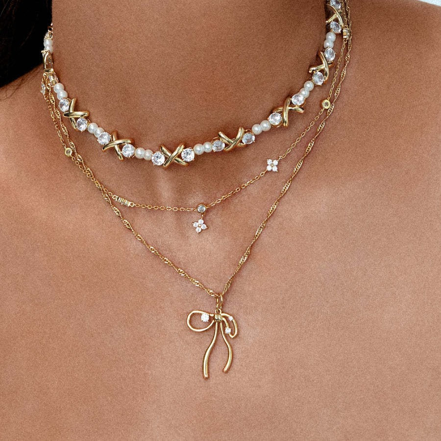 Niche Bone Chain Bow Zircon Sweet Necklace Copper-plated Gold