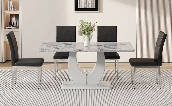 Modern Marble Dining Table & Chair Set - Rectangular, Minimalist, Soft Cushions (F-1280) - Minihomy