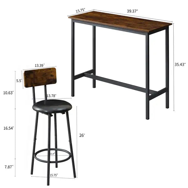 3-Piece Bar Table Set with Backrest Stools - Kitchen, Restaurant, Coffee Shop - Minihomy