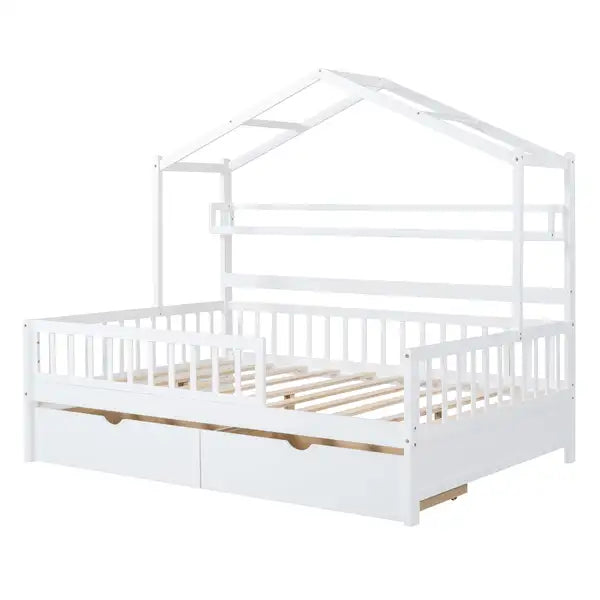 Full Size Wooden House Bed with Storage - White - Kids Bed with 2 Drawers - Minihomy