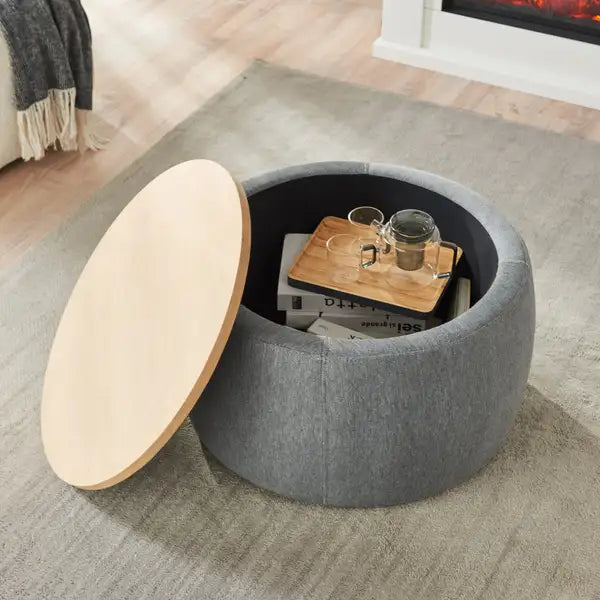 Grey Round Storage Ottoman & End Table - 25.5"