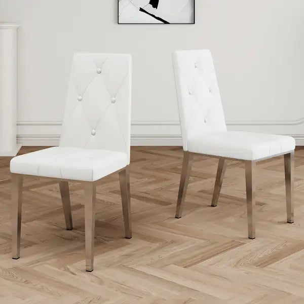 Modern Dining Chairs Set of 2, White PU Leather, Electroplated Legs, Home Bedroom Stool - Minihomy