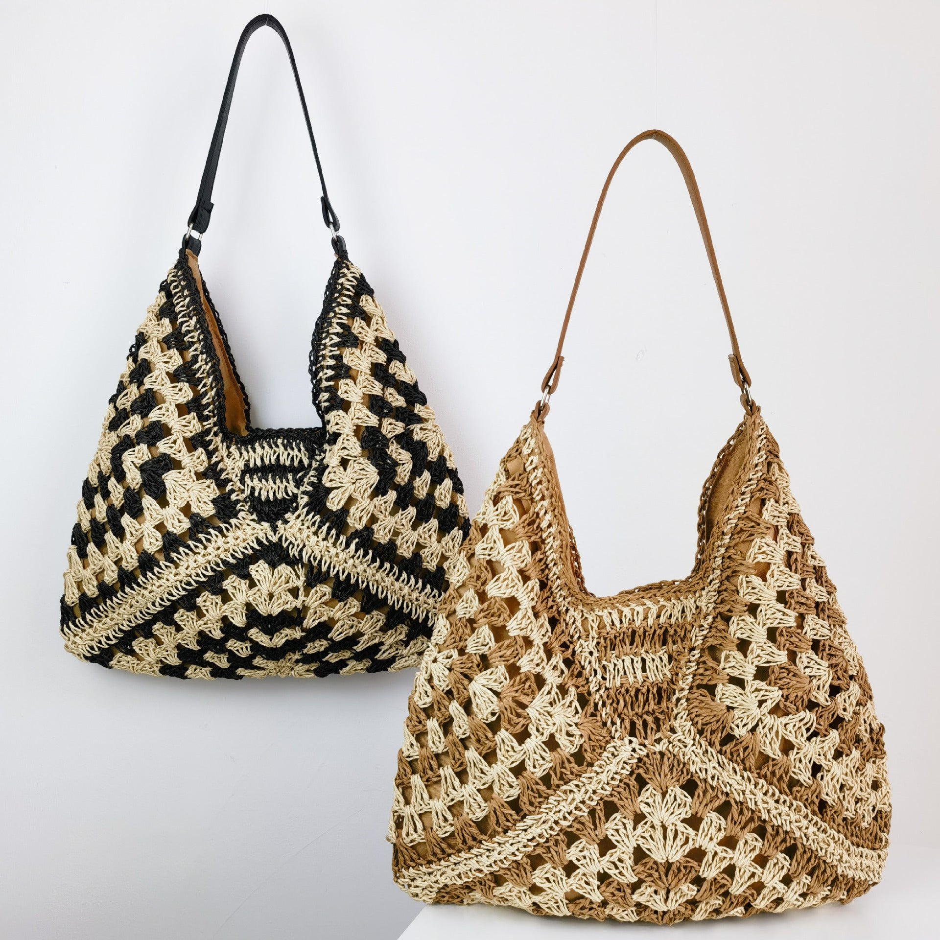 Women's Handmade Straw Woven Hollow Contrast Color Weave Shoulder Bag