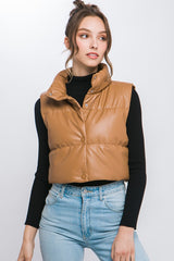 PU Faux Leather Puffer Vest With Snap Button