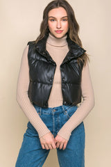 PU Faux Leather Puffer Vest With Snap Button