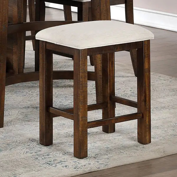 Rustic Oak Counter Height Stools (Set of 2) with Beige Fabric Cushions