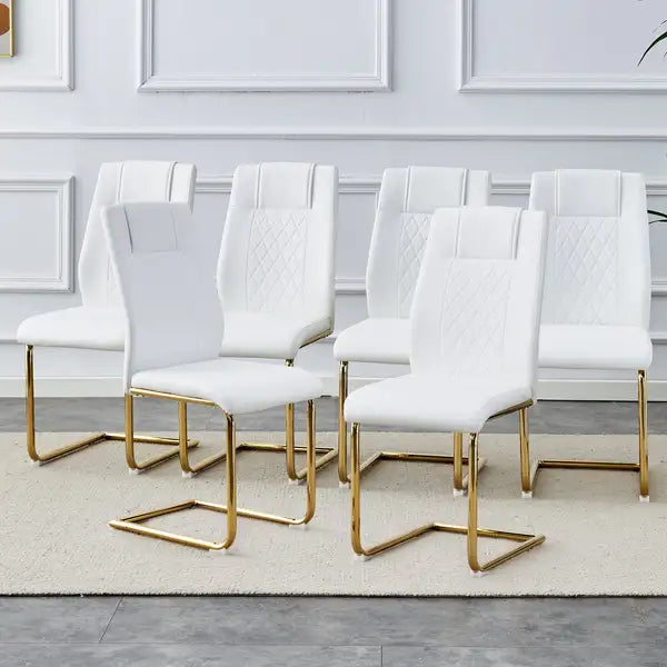 Set of 6 White PU Leather Dining Chairs with Gold Legs - Modern Kitchen, Living Room, Bedroom & Office