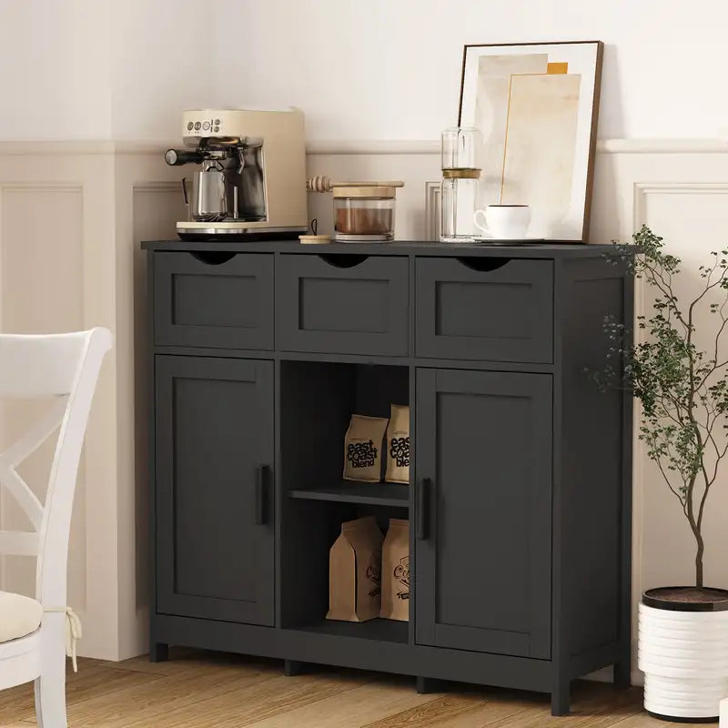 Black Wooden Storage Cabinet with Drawers & Shelves - Living Room, Bedroom, Bathroom