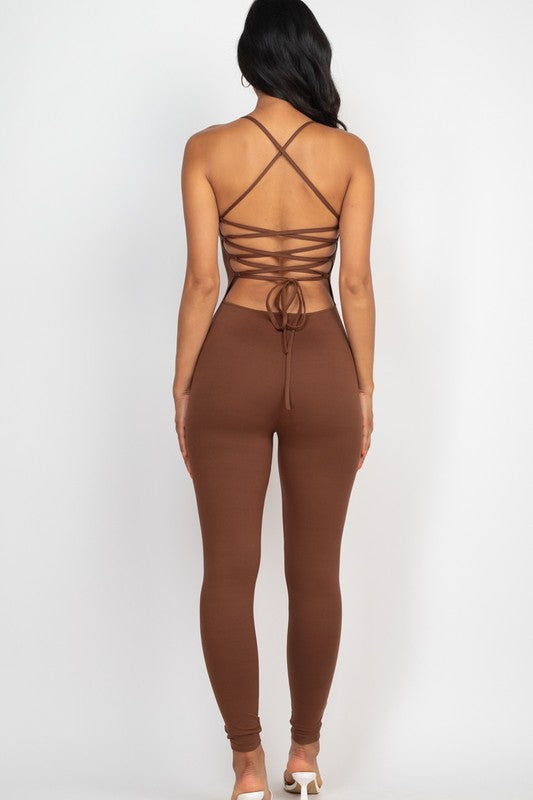 Criss-Cross Open Back Bodycon Jumpsuit - Minihomy