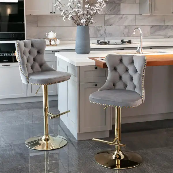 Gray Velvet Swivel Bar Stools, Adjustable Height, Set of 2, Tufted Backrests for Kitchen Island, Pub, Home - Minihomy