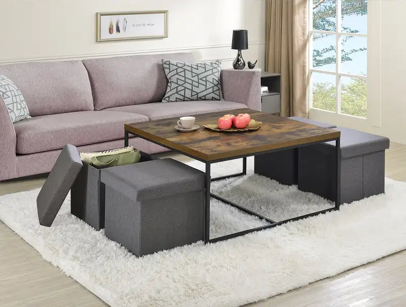 Caitlin 5-Piece Coffee Table Set, 35" Weathered Oak Wood Grain