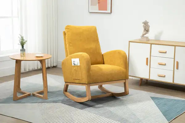 Modern Rocking Chair with Side Pocket - Nursery Glider Recliner (Mustard Yellow)