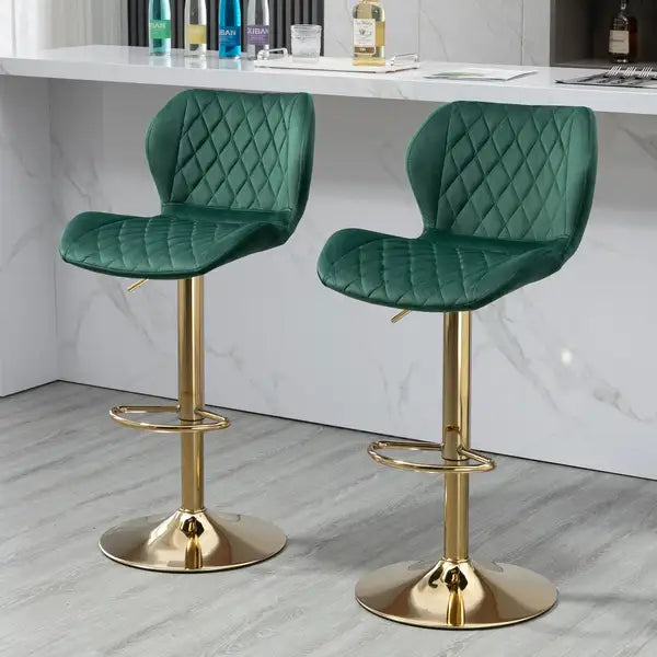 Green Velvet Bar Stools Set of 2 - Adjustable Swivel Counter Height with Gold Base - Minihomy