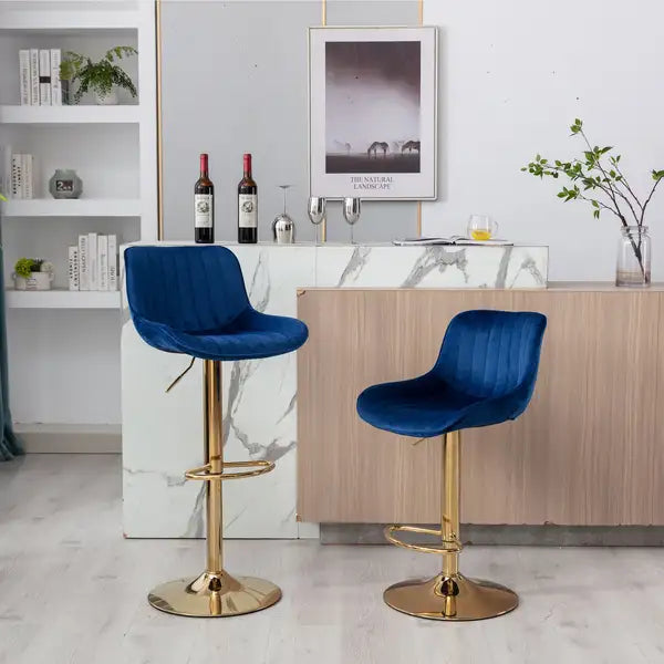 Navy Velvet Bar Stools Set of 2 | Swivel, Height Adjustable, Chrome Base - Minihomy