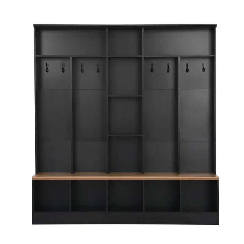 Black Hall Tree with Bench & Storage: 8 Hooks, Minimalist Shoe Cabinet