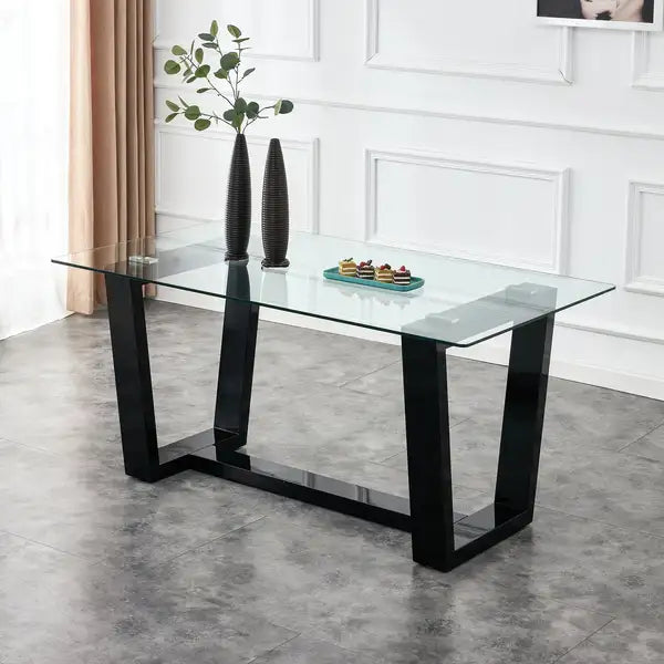 Modern Minimalist Rectangular Dining Table for 6-8 People - Tempered Glass Top, Black MDF Stand