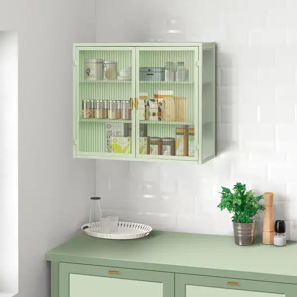 Mint Green Wall Cabinet with Glass Doors - 3-Tier Storage for Entryway, Living Room, Bathroom, Dining Room