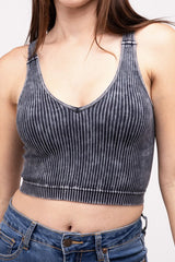 Washed Ribbed Cropped V-Neck Tank Top for Women - Casual Summer Style