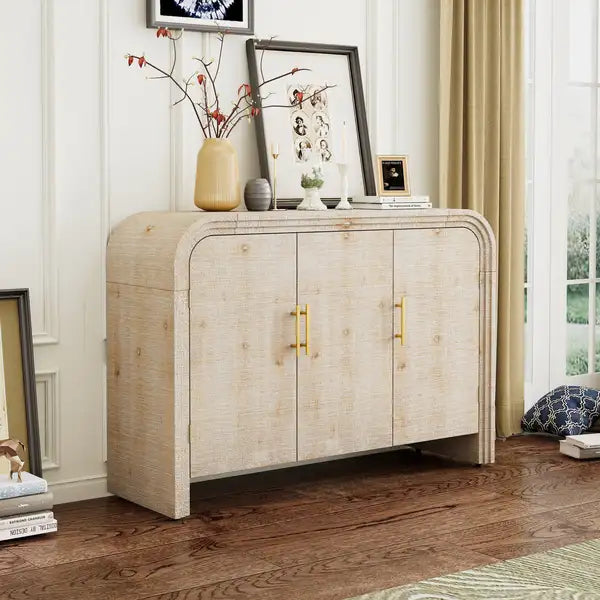 Retro Curved Sideboard with Gold Handles - Adjustable Dividers - Natural Wood Finish