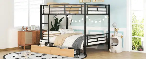 Full Size Metal Convertible Bunk Bed with 2 Drawers - Black - Minihomy