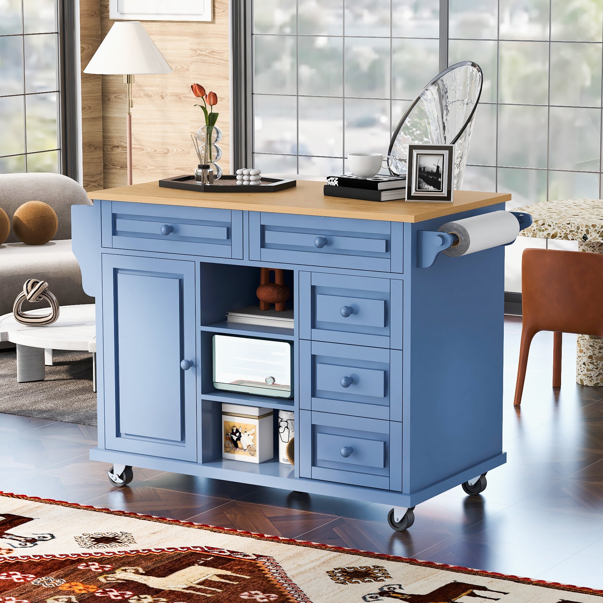 Blue Kitchen Cart with Storage, 5 Drawers & Rolling Island - 53 Inch